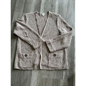 J.‎ Jill Cotton Nylon Pink Cardigan Sweater Medium Clasp Pocket Textured V Neck